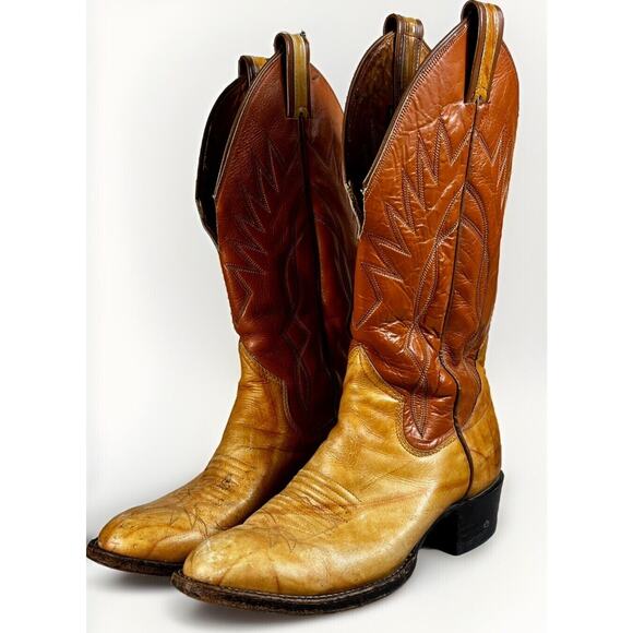 VTG Sanders Men’s Handmade WESTERN Cowboy BOOTS 8D Mexico Light Brown Leather - Picture 2 of 13